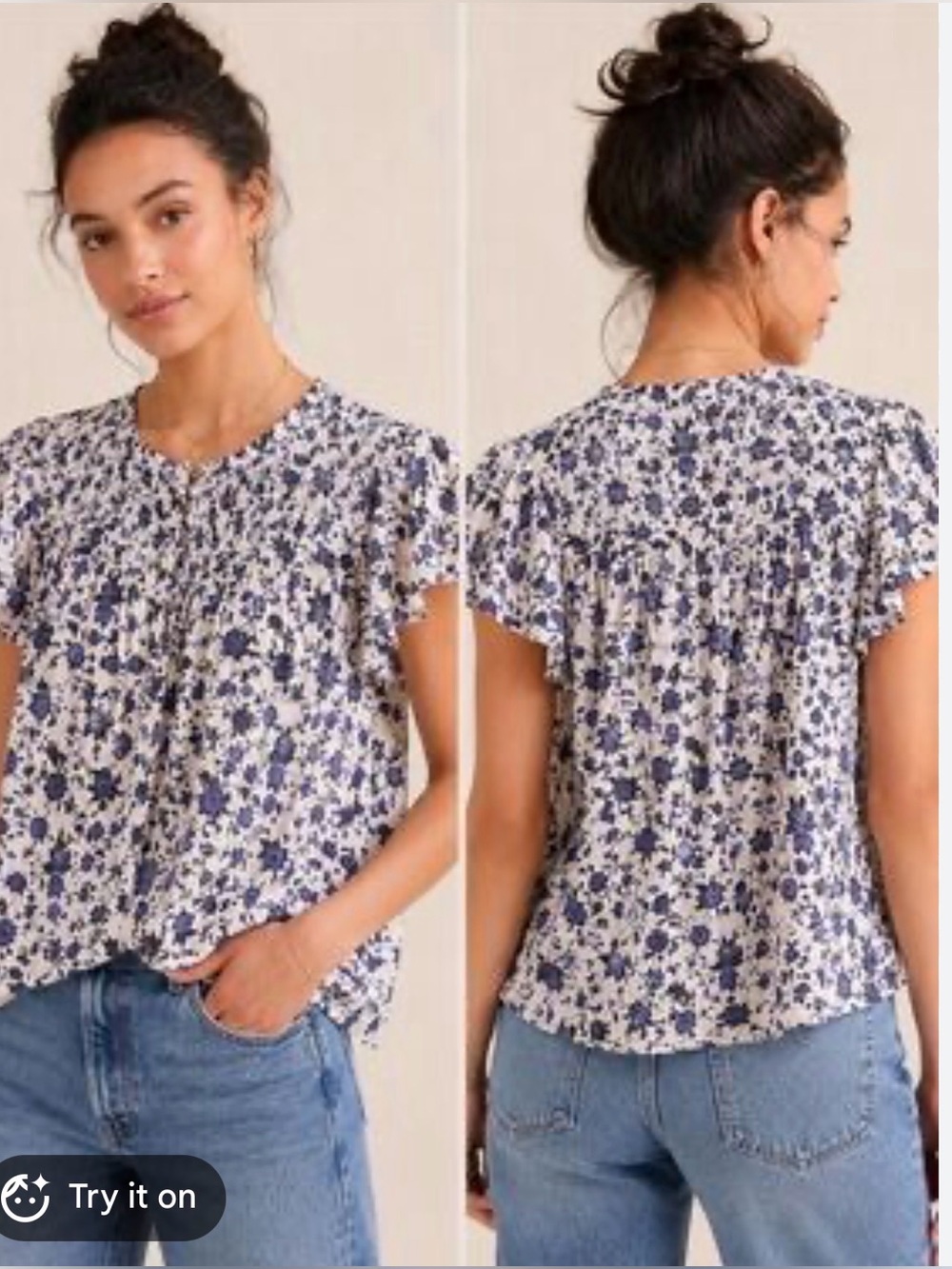 Anthropologie Blue and White Floral Pintuck Ruffle Blouse